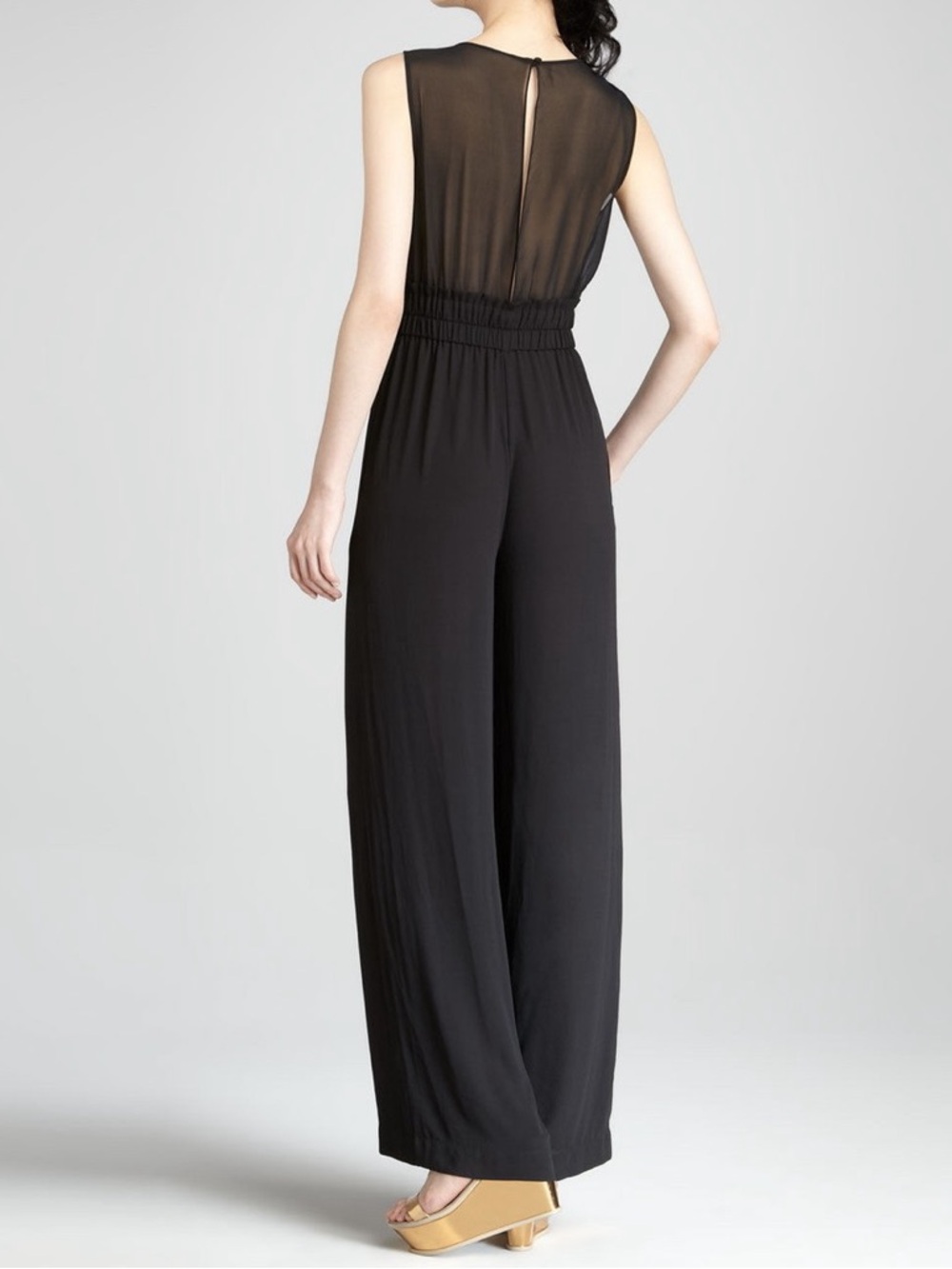 BCBGMaxAzria Kiara Black Sleeveless Wide-Leg Jumpsuit with sheer top - Picture 2 of 9